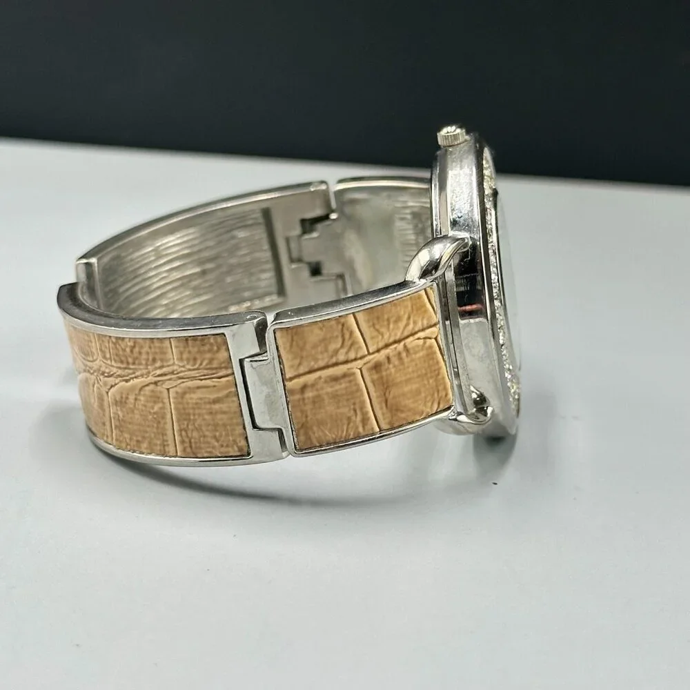 3/$30 Silver Tone Women Cuff Watch Rhinestone Bezel Arabic Numerals Works 7